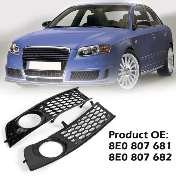 Komplet osłon przeciwmgielnych na przedni zderzak do Audi A4 B6 sedan (2001-2005) – wzór plastra miodu, wytrzymały ABS