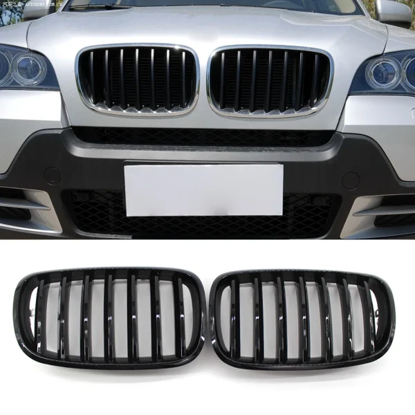 Błyszcząca czarna podwójna atrapa chłodnicy do BMW E70 X5 i E71 X6 (2007-2013) - stylowe akcesoria samochodowe: