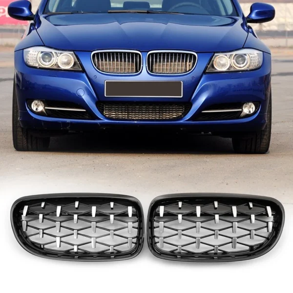 Zestaw chromowanych, czarnych, diamentowych osłon chłodnicy dla BMW E90 E91 serii 3 Facelift 2008-2011