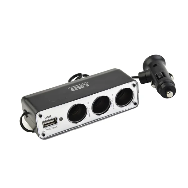 Adapter do zapalniczki samochodowej – potrójny rozdzielacz 12 V ABS, czarna ładowarka z portem USB do pojazdów